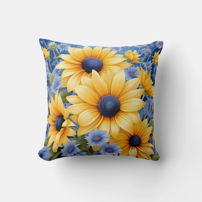 Cojín Decorativo Sunflower Elegante Con Flores Silvestres Azules Su (Anverso)