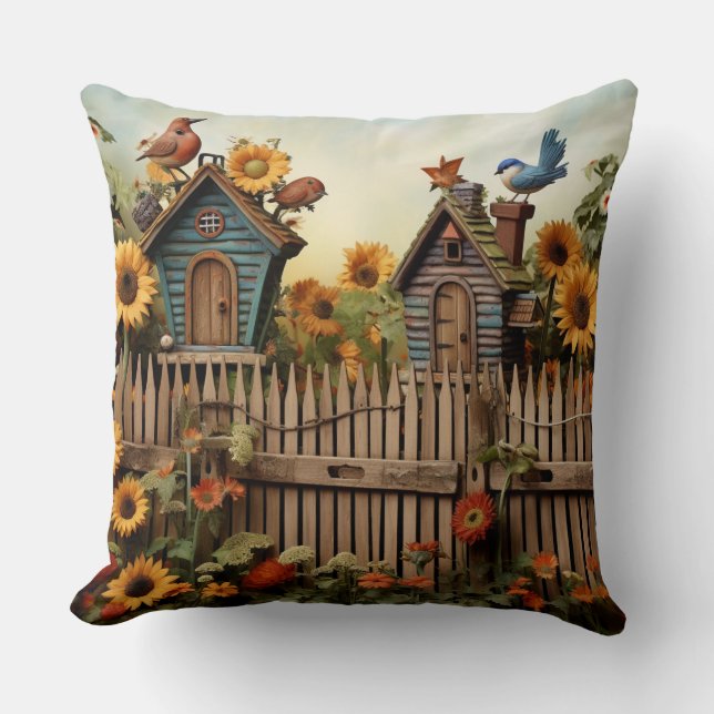 Cojín Decorativo Sunflower Garden 7 Aves Azules (Anverso)