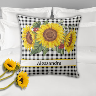 Cojín Decorativo Sunflowers Black Gingham Personalizado