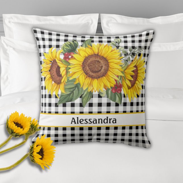 Cojín Decorativo Sunflowers Black Gingham Personalizado (Subido por el creador)
