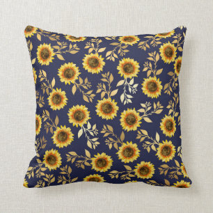 Cojín Decorativo Sunny Yellow Gold Navy Sunflowers deja el patrón