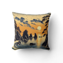 Sunset de playa con estilo de tinta japonesa