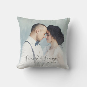 Cojín Decorativo Superposición de nombre de boda con dos fotos