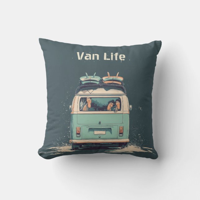 Cojín Decorativo Surf Van Splash – Camper Retro de Playa (Anverso)