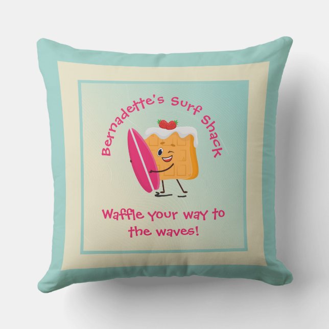Cojín Decorativo Surfista humorístico de Waffle con nombre de tabla (Reverso )