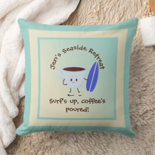 Cojín Decorativo Surfista humorístico del café con nombre de tabla