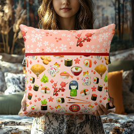 Cojín Decorativo Sushi rosado con geisha y palillos