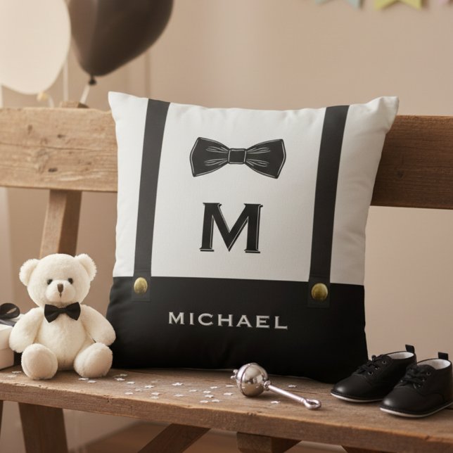Cojín Decorativo Suspenders & Bowtie Name Monogram Baby Boy  (Suspenders & Bowtie Name Monogram Baby Boy Throw Pillow
)