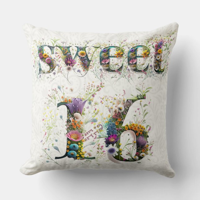 Cojín Decorativo Sweet 16 Happy Birthday Wildflowers Text (Anverso)
