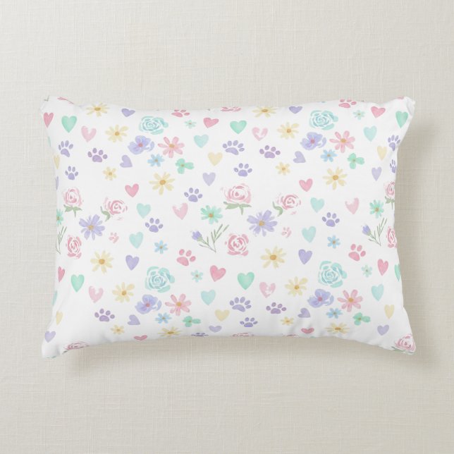 Cojín Decorativo Sweet Pastel Floral Hearts and Paw Print Pattern  (Anverso)