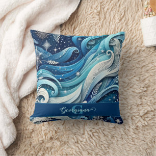 Cojín Decorativo Swirls de invierno ondulado y azul y escarpado per
