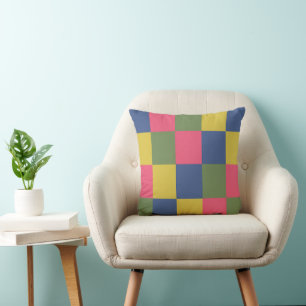 Cojín Decorativo Tablero de ajedrez azul rosa amarillo verde