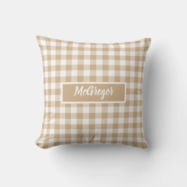 Cojín Decorativo Tan Beige Plaid Gingham Personalized (Anverso)