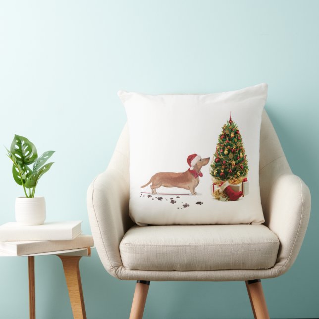 Cojín Decorativo Tan Dachshund graciosos Navidades perro con árbol (Silla)