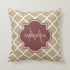 Cojín Decorativo Tan elegante Quatrefoil Burgundy Monograma y nombr