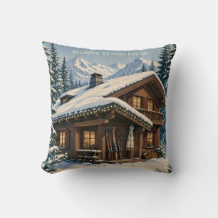 Cojín Decorativo Tarjeta de Feliz Navidad Chalé Alpino Acogedor Inv