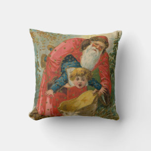 Cojín Decorativo Tarjeta de Navidad antigua, Papá Noel, Niño travie