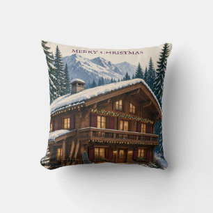 Cojín Decorativo Tarjeta de Navidad Chalet de Invierno Alpino Nevad