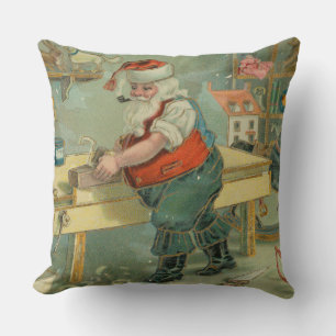 Cojín Decorativo Tarjeta de Navidad Vintage - Santa en su taller