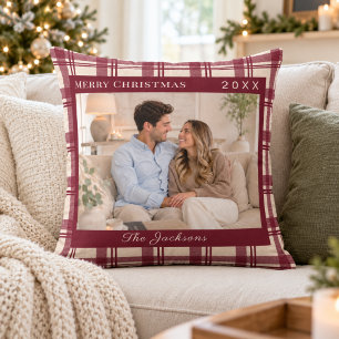 Cojín Decorativo Tartan Cuadros Burgundy Crema Foto Navidad