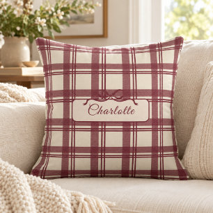 Cojín Decorativo Tartan Cuadros Burgundy Crema Lazo Nombre