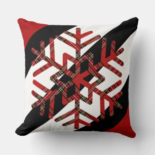 Cojín Decorativo Tartán Gran Copo de Nieve en Blanco Rojo y Negro