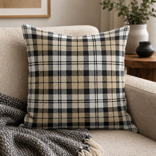 Cojín Decorativo Tartan Plaid Clásico de Tan Negro y Blanco