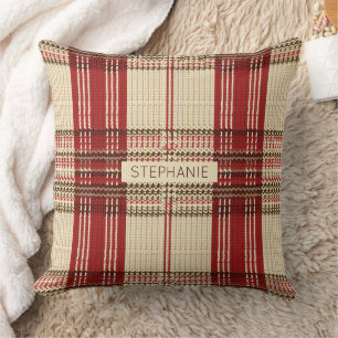 Cojín Decorativo Tartan Plaid de punto acogedor rojo marrón crema