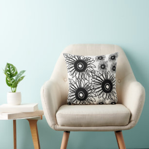 Cojín Decorativo Tatuaje Girasol Floral Negro Blanco Tatuaje Flor