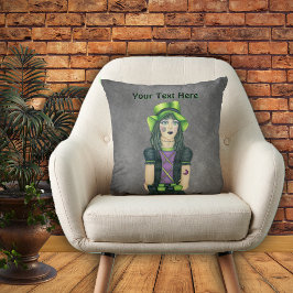 Cojín Decorativo Tatuajes de Gorra verde Chica de gótico sobre gris