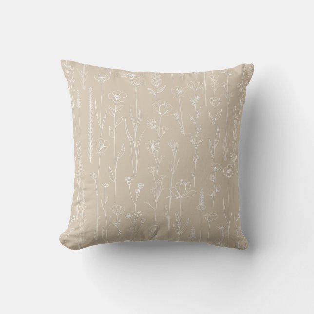 Cojín Decorativo Taupe Wildflower Line Art Floral Throw Pillow (Anverso)