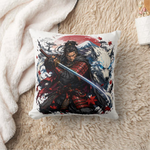 Cojín Decorativo Taza de Samurái y Lobo Blanco   Fantasía del Guerr