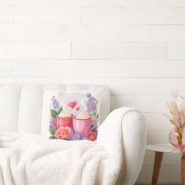 Cojín Decorativo Tazas de cacao lindas para San Valentín con flores