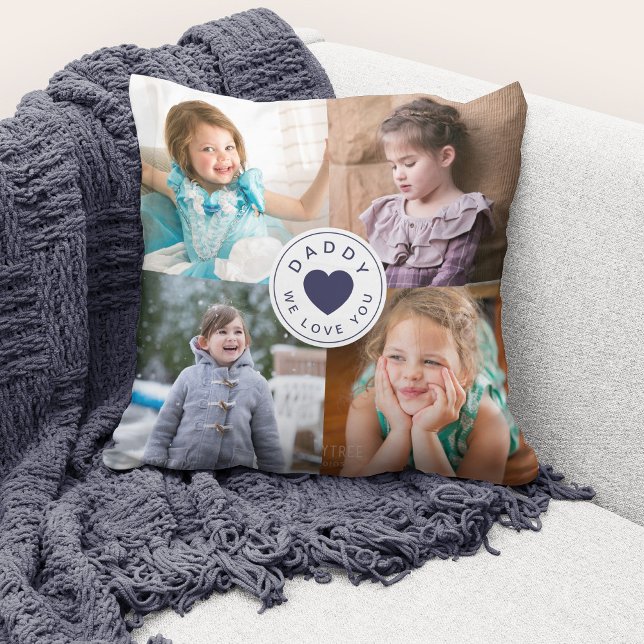 Cojín Decorativo Te Amaremos Collage de fotos de Papis (Cute custom photo collage "Daddy We Love You" throw pillow.)