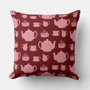Cojín Decorativo Té de Punto de Polka Rosa puesto en patrón Borgoña