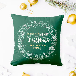 Cojín Decorativo Te deseamos una Feliz Navidad Familia Wreath Green