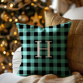 Cojín Decorativo Teal Black Buffalo Plaid Monogram Holiday