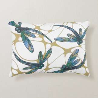 Cojín Decorativo Teal & Emerald Dragonflies on Retro Yellow Groove