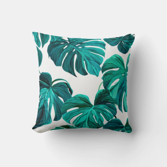 Cojín Decorativo Teal Tropical Monstera Leaf Seamless Pattern Art (Anverso)