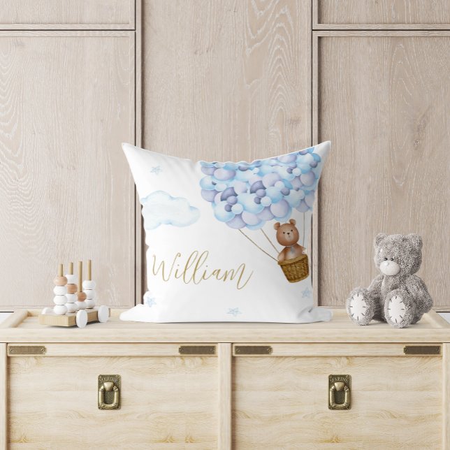 Cojín Decorativo Teddy Bear Globos Azules Nursera para bebés (Teddy Bear Blue Balloons Baby Nursery Throw Pillow)