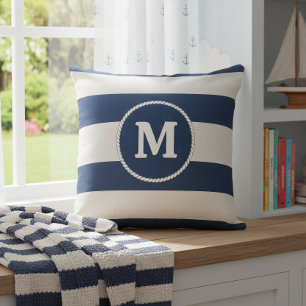 Cojín Decorativo Tejido a rayas náuticas Monograma Azul Marino Blan