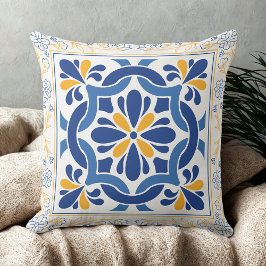 Cojín Decorativo Tejido floral azul y dorado mediterráneo