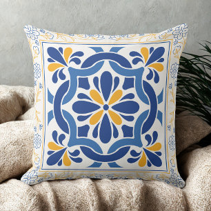 Cojín Decorativo Tejido floral azul y dorado mediterráneo