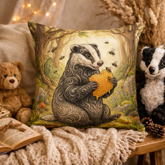 Cojín Decorativo Tejón Adorable Comiendo Miel Animales del Bosque
