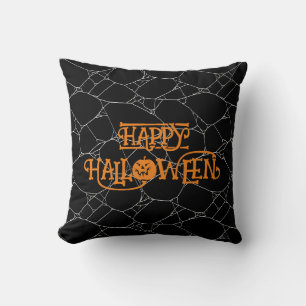 Cojín Decorativo Tela de Araña Negro y Blanco Naranja Feliz Hallowe