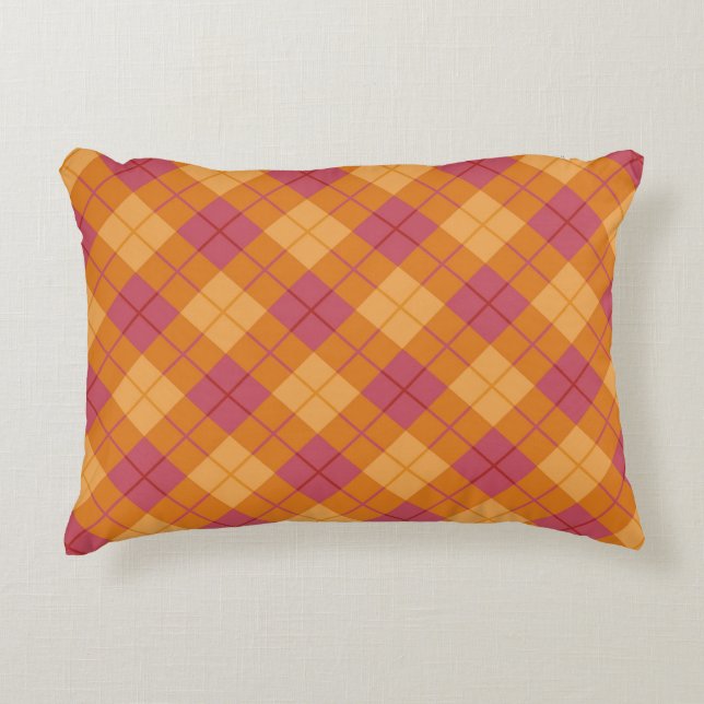 Cojín Decorativo Tela escocesa diagonal en naranja y rosa (Anverso)