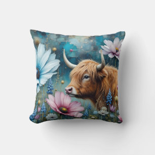Cojín Decorativo Tela II de Highland Cow Floral Cosmos Colorido