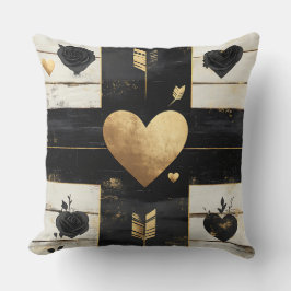 COJÍN DECORATIVO TEMA DE SAN VALENTÍN BLANCO DORADO NEGRO DISTRESSE