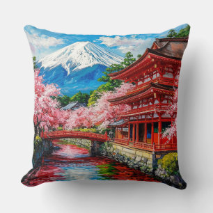 Cojín Decorativo Templo japonés tradicional con flor de cerezo
