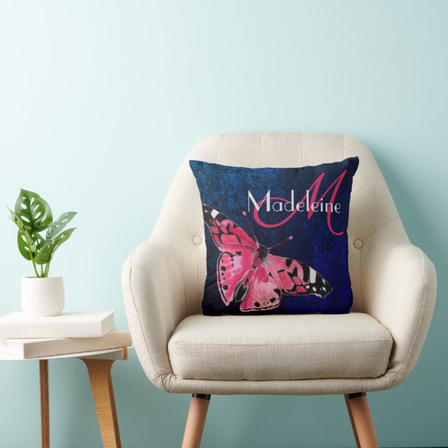 Cojín Decorativo Terciopelo azul Fantasía rosa caliente Mariposa Ar (Silla)